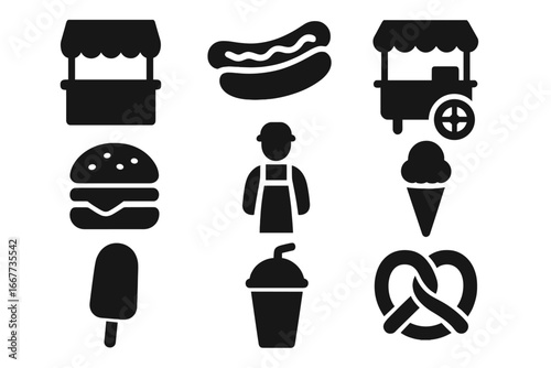 Street food solid icon set. Vector silhouette graphics of fast food vendor, cart, market stall, hamburger, hot dog, ice cream, pretzel, drink, and popsicle. Cartoon style.