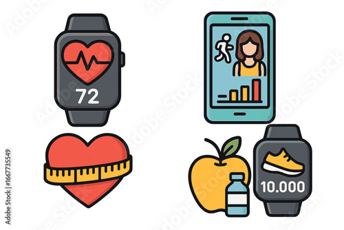 Health and wellness tech icon set. Fitness tracking with smartwatch and phone app. Monitoring heart rate, steps, and diet for a healthy lifestyle. Vector cartoon illustration.