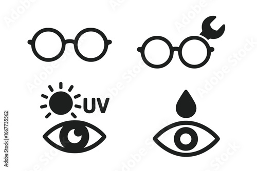 Eyeglasses and vision icon set. Optical health concept. Eye care symbols for glasses repair, UV sun protection, and moisturizing eye drops. Vector ophthalmology silhouette.