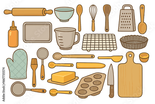 A big set of kitchen utensils for baking and cooking. Vector cartoon icons collection with rolling pin, whisk, bowl, pan. Food preparation, recipe, culinary equipment.