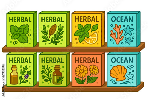 Scented herbal and ocean soap boxes on shop shelves. Natural cosmetics packaging concept. Aromatherapy and spa products for retail. Vector illustration of a store display.