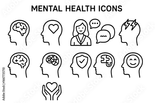 Mental Health Icon Set, Neuroscience and Psychology Line Art, Mental Wellness Symbols, Brain and Mind Mental Health Concept, Vector Cartoon Illustration Transparent Background