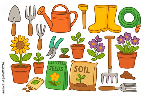 Gardening tools and equipment set for planting and growing. Vector cartoon illustration of spring hobby items. Collection of farming supplies: shovel, rake, pot, seeds, soil.