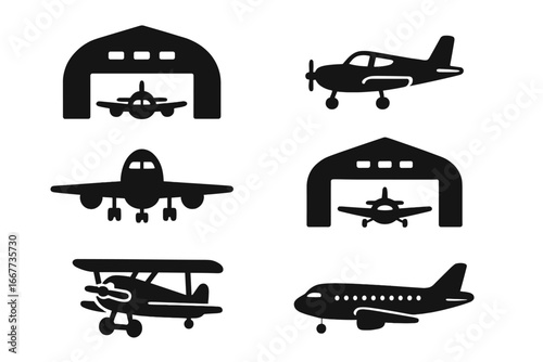 Aviation icon set with hangar and aircraft silhouettes. Vector collection of airplanes, jets, biplanes, and warehouse symbols for transport and travel design elements.
