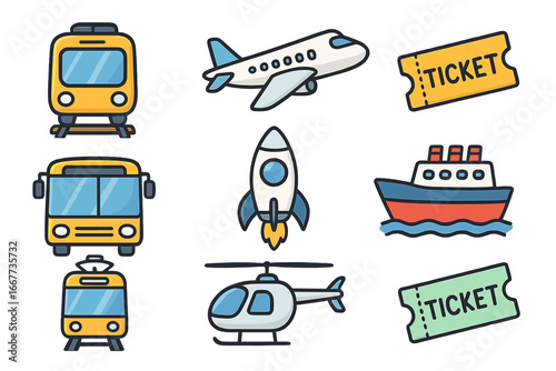 Transport icons set. Cartoon travel collection with train, airplane, bus, ship, rocket, helicopter. Public transportation vehicle symbols. Vector line illustration isolated.