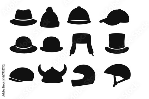 Hat and helmet silhouette icon set. Diverse headwear collection for fashion and sports. Vector graphic accessories include cap, beanie, top hat, viking and biker helmet.