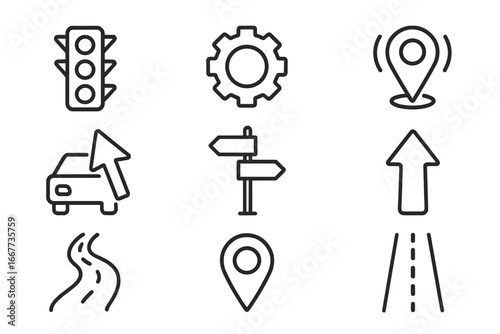 Vehicle navigation line icon set. Car traffic, road signs, GPS location pin, route direction, and gear symbols. Vector outline pictogram collection for app and web design.