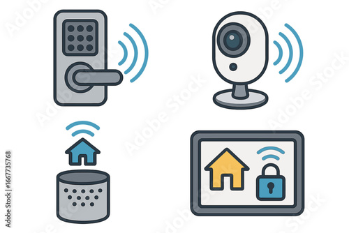 Modern Smart Home Devices Enhancing Security and Convenience for Daily Living, Wireless Lock, Security Camera, Voice Assistant, Smart Home Control Panel, Vector Cartoon Illustration