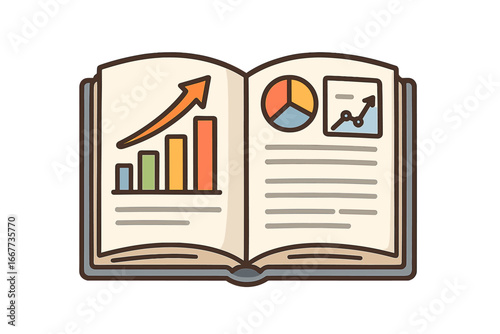 Open book with graphs and charts for business growth and data analysis. Financial report concept, marketing research statistics, and company strategy. Vector infographic learning.