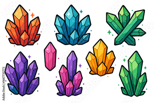 Set of colorful magic crystals. Cartoon gems collection. Vector mineral stones. Precious geology assets. Fantasy jewelry icons. Esoteric shiny gemstones. Treasure elements.