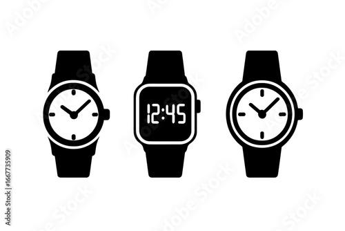 Wristwatch icon set with analog and digital clocks. Black silhouette symbols of classic and modern watches. Timekeeping vector graphic for web, ui and print applications.