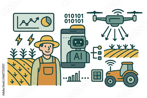 Smart agriculture with AI, drone, and autonomous tractor. Digital transformation of farming with data analysis for productivity. Farmer using agritech innovation vector set.