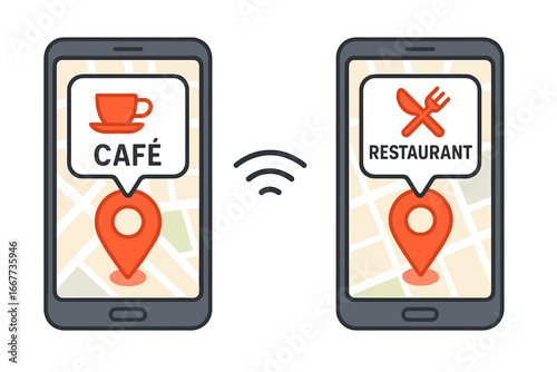 Navigation app icons showing café and restaurant locations with mobile devices connected, vector cartoon illustration on transparent background, ordered set of 3 pins and maps