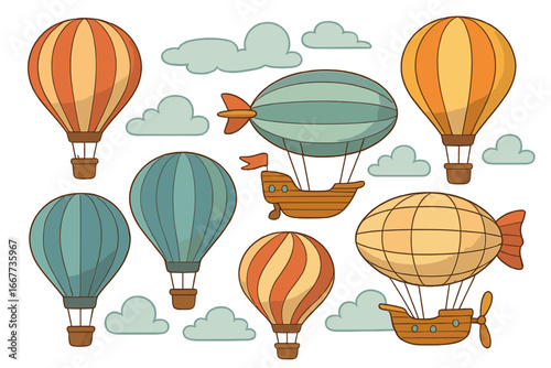 Retro hot air balloon and airship vector set. Whimsical cartoon illustration for adventure and travel concepts. Vintage steampunk dirigible and aerostat flying in clouds.