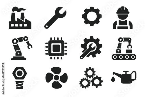Manufacturing solid icon set. Industry, technology, engineering, and automation tools. Factory, worker, robot arm, conveyor, gear, cpu and repair symbols vector collection.