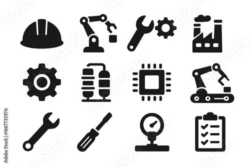 Industrial solid icon set. Manufacturing, engineering, and automation symbols. Factory production, robotics, technology, machinery, and process control vector pictograms.