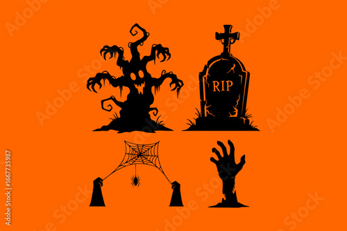 Silhouette Halloween vector set haunted tree, tombstone, zombie hand, spider web