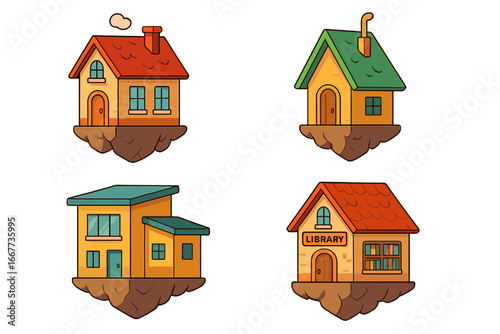 Set of cute cartoon houses on floating islands. Vector illustration collection of fantasy homes, real estate icons, and a library building. Isolated residential architecture design.