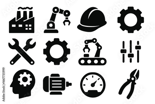 Industry and technology solid glyph icon set. Engineering, manufacturing, automation, and factory production symbols. Vector collection with robot arm, gear, and tools.