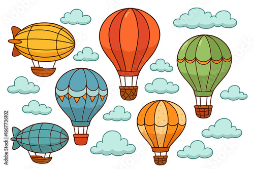 Whimsical collection of cartoon hot air balloons and airships. Cute vector transport set for children. Colorful isolated flying balloon and dirigible illustrations in sky.