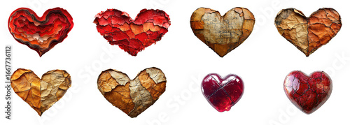 A set of heart shapes, symbols of love and romance, for Valentine's Day and wedding decorations, isolated on a transparent background. PNG