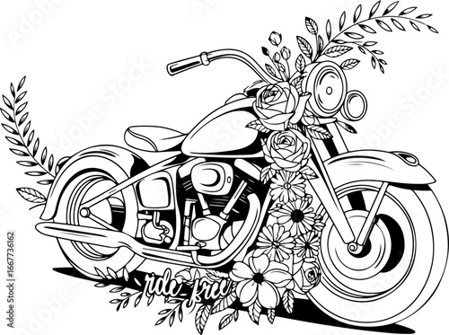 "Floral Motorcycle Fusion Art Floral, Flowers  Bike, Vintage,  Vector 