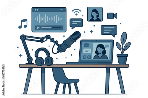 Podcasting setup for broadcast and streaming. Home studio workspace for vlogger. Online meeting, webinar and video conference concept. Remote work vector illustration.
