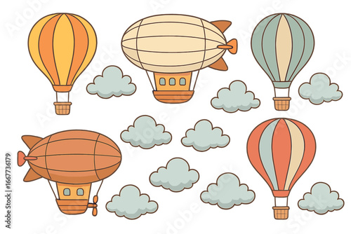 Retro hot air balloon and airship set. Vintage transport collection with dirigible, zeppelin, and clouds. Whimsical cartoon vector illustration for travel and adventure.