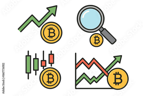 Cryptocurrency trading and investment icon set. Bitcoin market analysis symbols. Financial growth chart, candlestick graph, and magnifier for crypto trends and fluctuations.