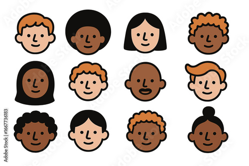 Set of diverse people faces. Multicultural team. Collection of different cartoon characters head icons. Men and women avatars. Various ethnicities vector illustration.