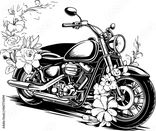 "Floral Motorcycle Fusion Art Floral, Flowers  Bike, Vintage,  Vector 