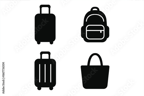 Luggage bag silhouette icon set. Travel backpack, suitcase, tote icons collection. Vector graphic illustration for tourism, vacation, and journey. Baggage symbols isolated.