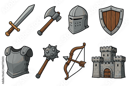Medieval themed icons showcasing weapons, armor, fortifications, and fantasy game elements. Vector cartoon illustrations on transparent background for RPG, fantasy, and historical designs.
