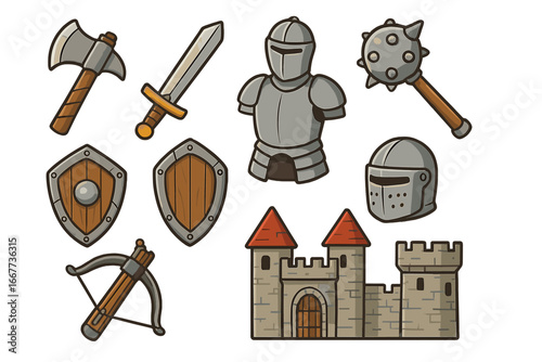 Medieval themed icons showcasing weapons, armor, shields, helmets, and fortifications for fantasy games, illustrations, and RPG designs. Vector cartoon illustration on transparent background.