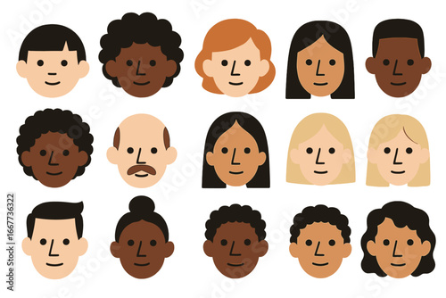 Diverse collection of people faces. Multicultural society. Set of flat vector avatars for community or team profile icons. Men and women of different ages and races.