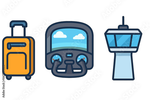 Airport icon set with luggage, cockpit, and control tower. Aviation vector symbols for travel and tourism. Flat cartoon flight elements. Suitcase, pilot yoke, air traffic.
