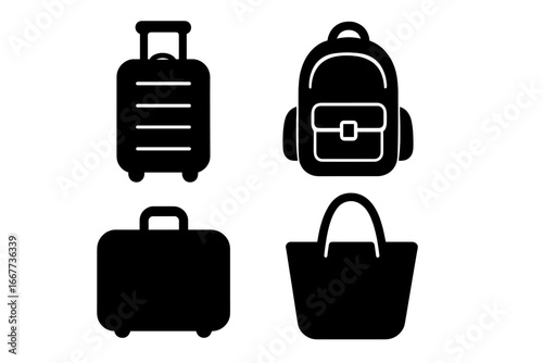 Luggage bag silhouette icon set. Travel baggage collection. Trolley, suitcase, backpack, tote, briefcase. Vector symbol for tourism, vacation, airport, business trip, holiday.