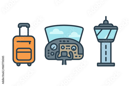 Airport icon set. Travel and aviation symbols. Vector line icons of luggage, airplane cockpit view, and air traffic control tower. Flat cartoon illustration for flight concept.