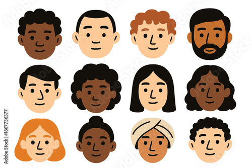 Diverse faces vector set. Multi-ethnic people head collection. Multicultural character avatars for profile. Flat cartoon illustration of men and women of different races.