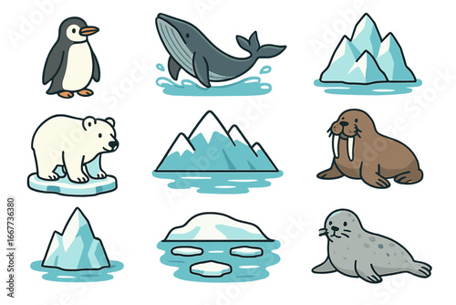 Cute arctic and polar animals icon set. Cartoon vector illustration collection. Includes polar bear, whale, penguin, walrus, seal, iceberg. Wildlife, marine life and nature concept.
