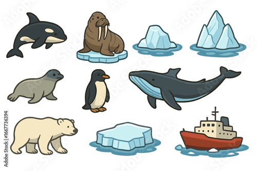 Arctic and Antarctic animals icon set. Polar wildlife collection with orca, whale, walrus, seal, penguin, polar bear. Vector cartoon illustration of iceberg and exploration ship.