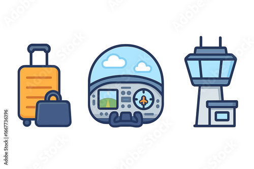 Airport icon set with luggage, cockpit view, and air traffic control tower. Vector illustration for travel, aviation, and flight concepts. Modern flat cartoon design isolated.