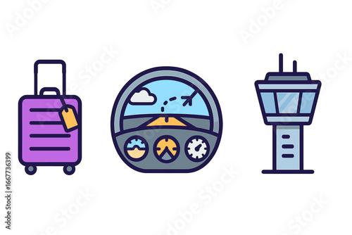 Airport icon set with luggage, cockpit view, and control tower. Aviation concept for air travel and transport. Vector graphic illustration for flight, tourism, and vacation.