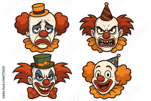 Set of four clown heads with different emotions. Sad, angry, evil and happy clown faces. Vector cartoon illustration for circus or carnival mascot. Spooky character design.