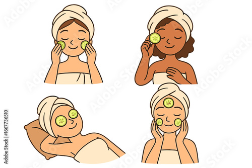 Set of diverse women enjoying a skincare routine. Self-care, beauty treatment, and relaxation concept. Multi-ethnic girls with facial cucumber masks for wellness and spa.