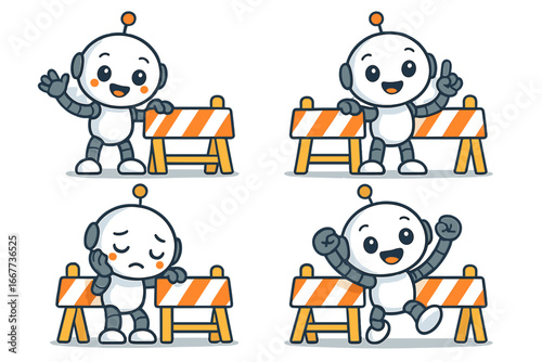 Set of cute cartoon robot characters with construction barriers. Mascot for website under construction, 404 error page, or maintenance. Vector AI bot poses and emotions.