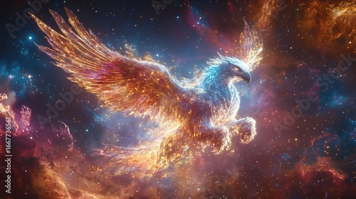 Majestic Phoenix Soaring Through a Vibrant Nebula, Fantasy Bird with Fiery Wings in Cosmic Space, Digital Art