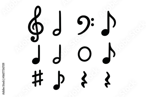 Musical symbols and notes vector set with treble and bass clefs, sharp and flat signs, whole, half, quarter notes, and rests on clean transparent background illustration
