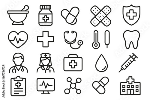 Medical and healthcare line icon set. Pharmacy, medicine, health symbols. Vector illustration for hospital, clinic, doctor, nurse, first aid, emergency, cardiology, dental care.