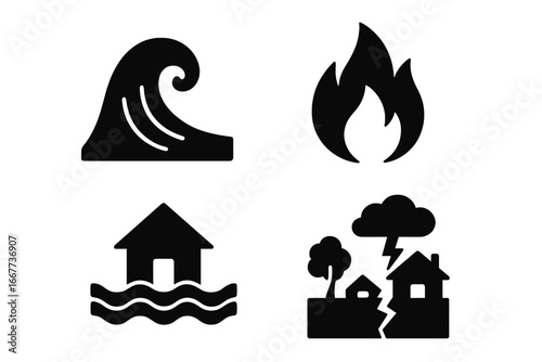 Natural disaster glyph icon set. Catastrophe symbols. Tsunami wave, fire, house flood, earthquake and storm. Climate change crisis, emergency vector illustration pictogram.